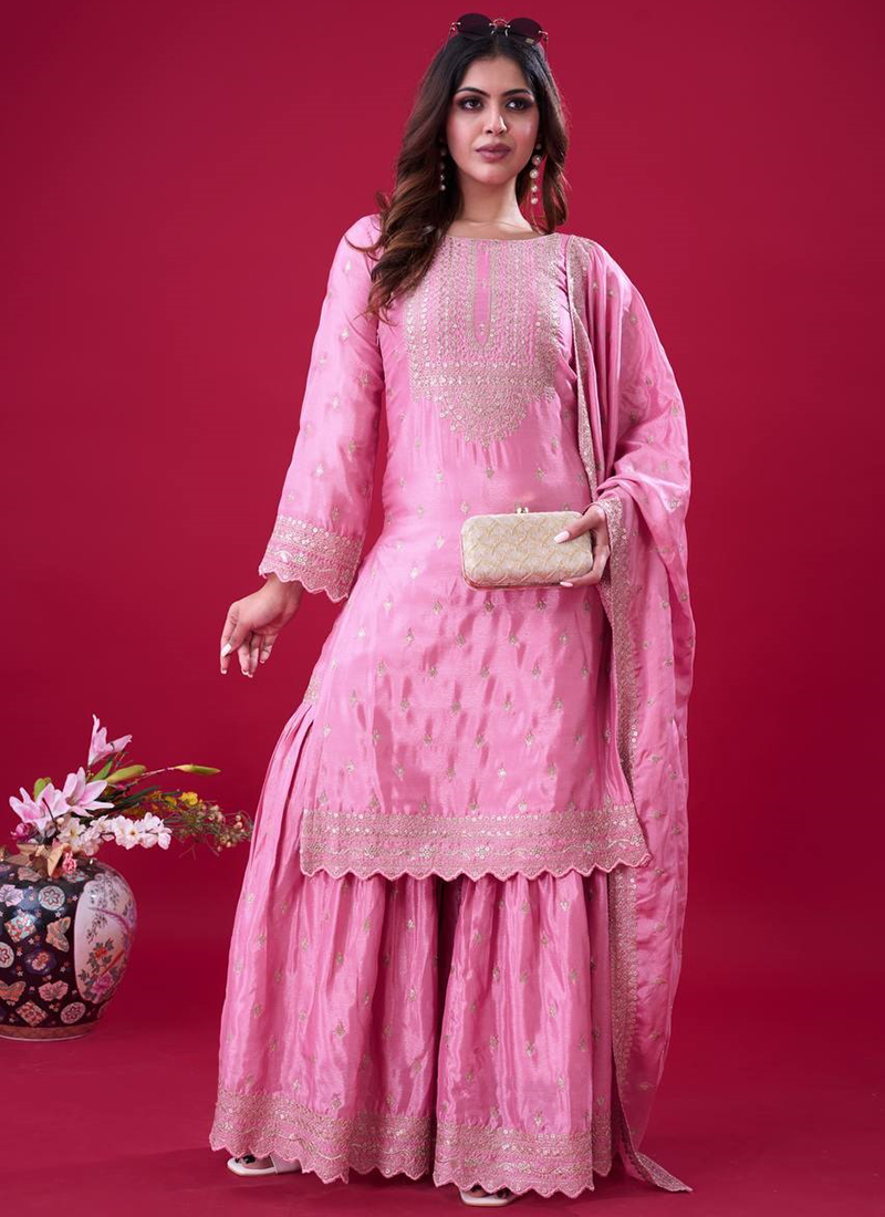Pink shaded Pure Imported Chinnon Sequins Ready-to-Wear Saree